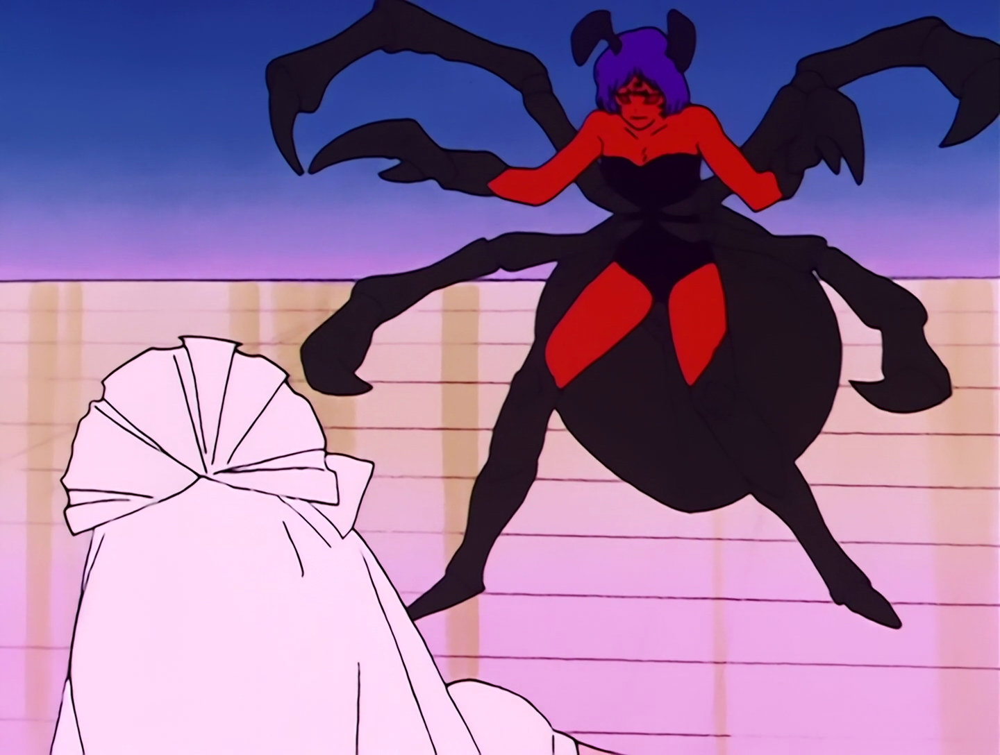 Widow, a Youma from Sailor Moon episode 16. She’s a spider lady. She has orange skin and purple hair, and wears black. Two antennae are on her head, and she has a large abdomen-like segment attached to her back. Her hands are instead black claws, and two extra pairs of black limbs.